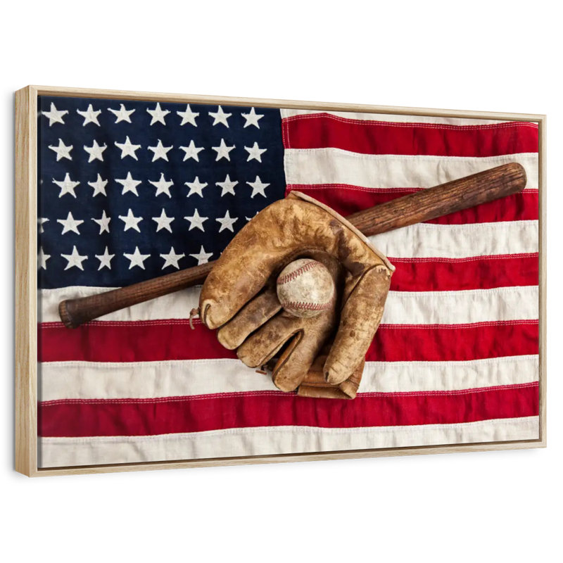 Drapeau américain de l'équipement de baseball, Cadre flottant en bois naturel, 31 po x 21 po