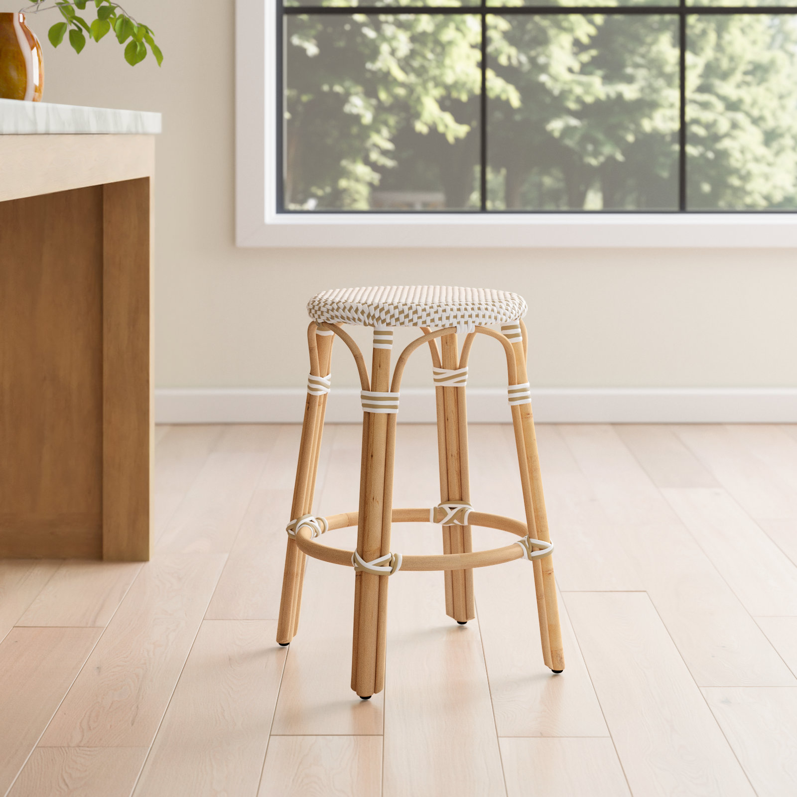 Alastair Bar Stool, Counter Stool (24" Seat Height), White/Tan Dot/Natural Rattan Frame