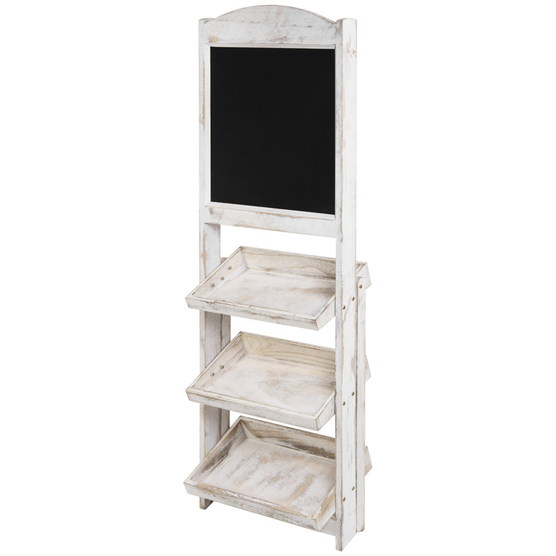 Free Standing Chalkboard with 3 Display Shelves, White Wash
