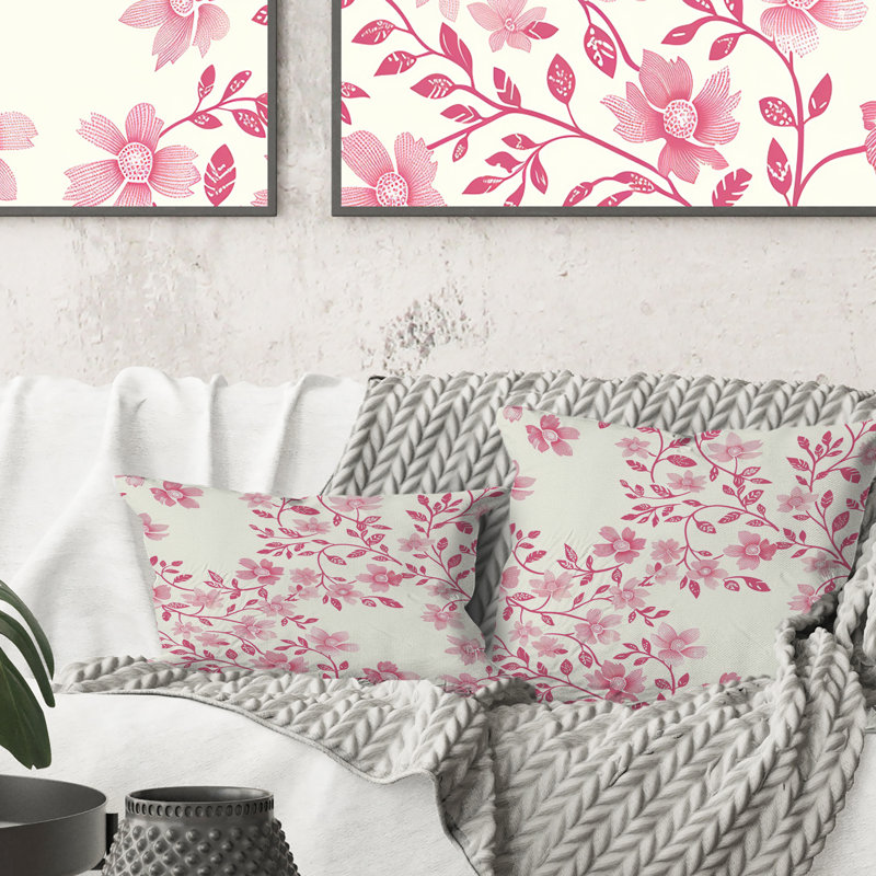 Coussin décoratif blanc et rose à motif floral jardins traditionnels I, H 18 po x l 18 po
