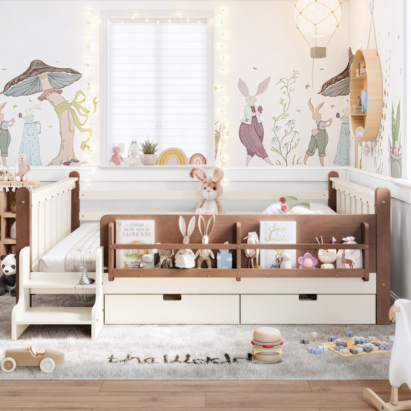 Queen Size Solid Wood Kids Floor Bed with Storage Bookcases, Drawers, Guardrails & Cute Stairs, No Box Spring, Beige, Queen