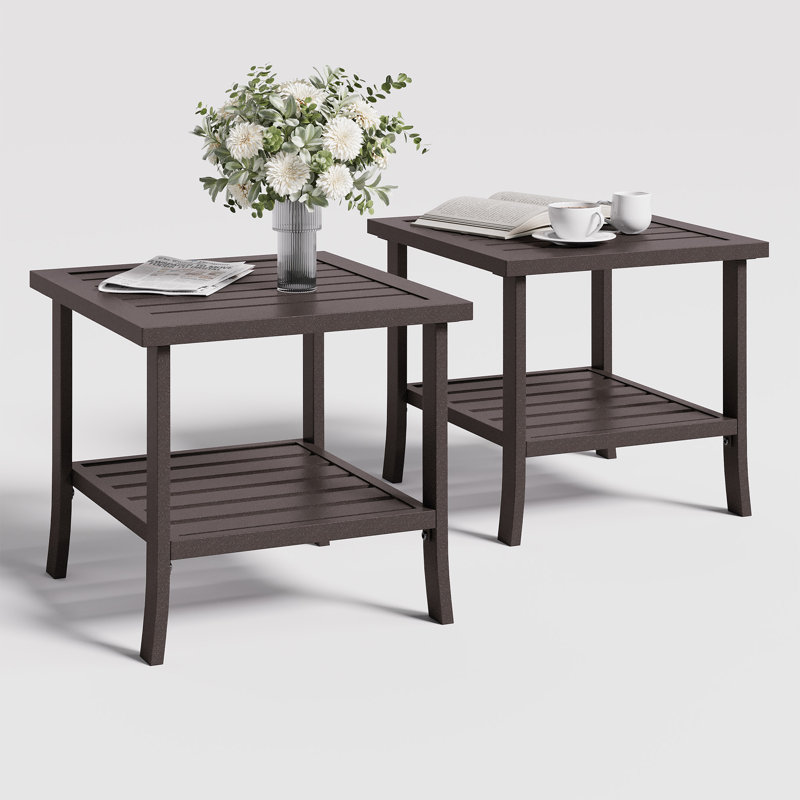  Metal 2-Tier Outdoor Table, 19" Square Outdoor Side Table for Many Occasions, Weather-Resistant Outdoor Coffee Table(Set of 2)