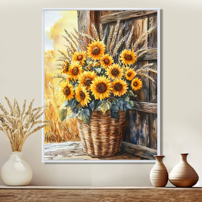 Concession de tournesol et bouquet de blé à la grange - tournesols, impression sur toile
