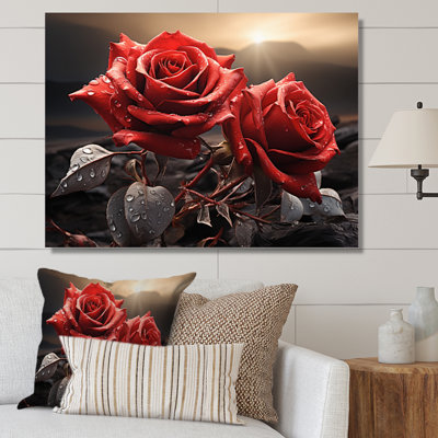 Champ de roses rouges et noires avec coucher de soleil