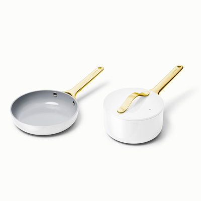 Caraway Nonstick Ceramic Minis Duo Cookware Set - Fry Pan & Saucepan, White/Gold