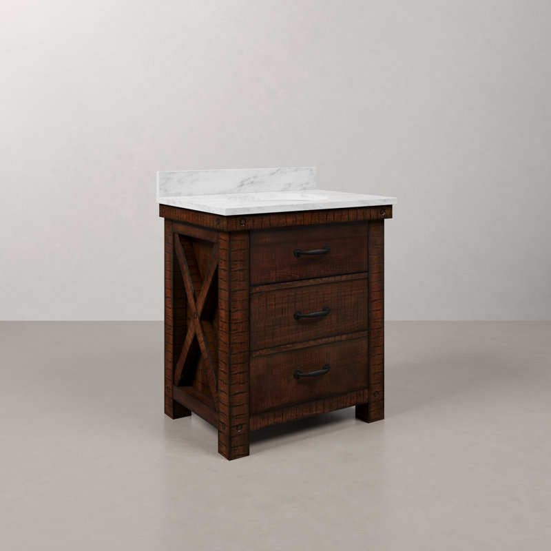 Aberdeen 30 In. Single Sink Blue Limestone Countertop Vanity In Rustic Sienna With Mirror, Carrara White, Rostic Sienna