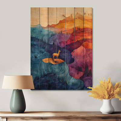 Llama In The Rainbow Mountain Slide - Llama Animal Wood Print - On Natural Pine Wood