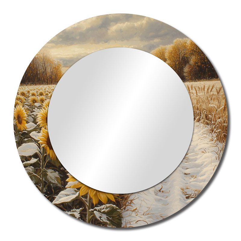 Tournesols le long du chemin enneigé I - Art mural miroir floral - imprimé sur métal, 23 po x 23 po