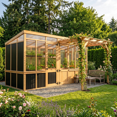 Serre d'extérieur en cèdre 3 en 1 avec remise à outils et pergola, panneaux en polycarbonate, tablettes, ventilation et portes doubles
