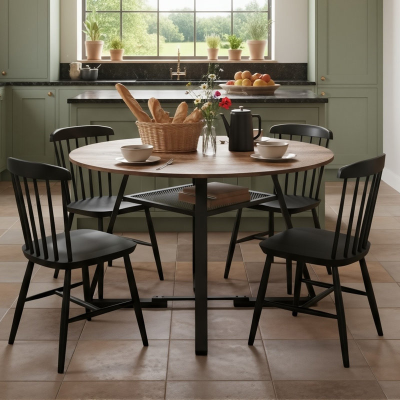 120cm Round Dining Table With Storage Shelf, Industrial Kitchen Table For 4-6 People, Rustic Brown & Black
