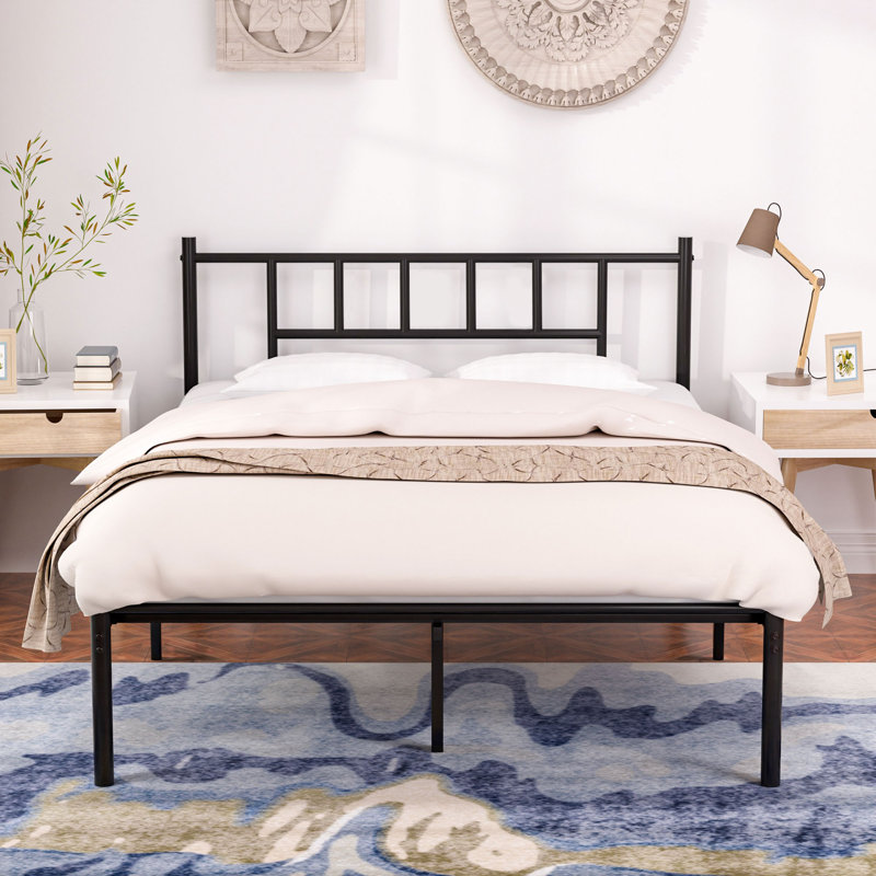 Cadre de lit double, cadre de lit en métal avec tête de lit, lit plateforme en fer sans matelas ni sommier, Double, Noir