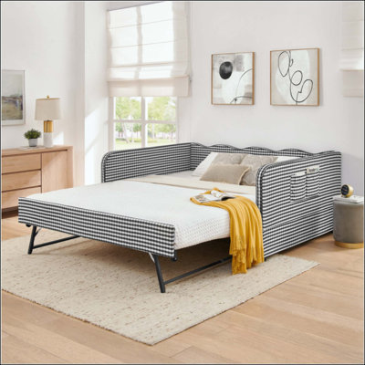 Daybed, Gingham Upholstered 3‑in‑1 Versatile Convertible Sofa Bed with Pull‑Out Trundle & Side Storage Pockets, Ideal for Multiple Room Layouts and Small‑Space Living