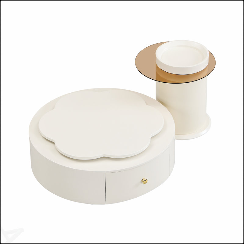 Ensemble de 2 tables basses rondes modernes avec plateau tournant en forme de fleur à 360 degrés et 2 tiroirs spacieux pour un rangement élégant