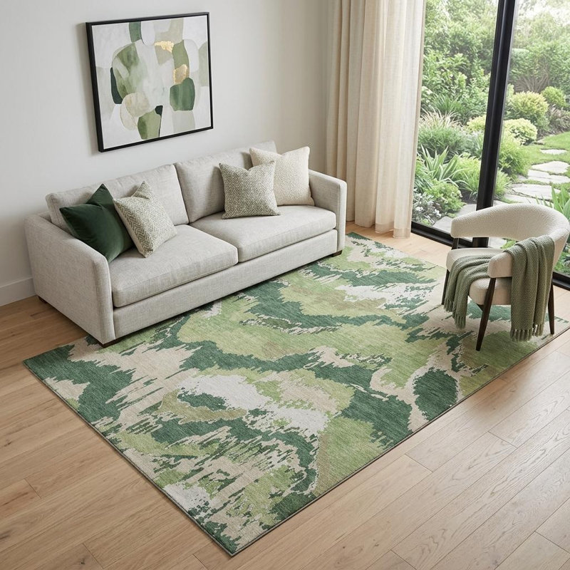 Tapis vert lavable abstrait ivoire et beige 5 pi x 8 pi avec protection UV