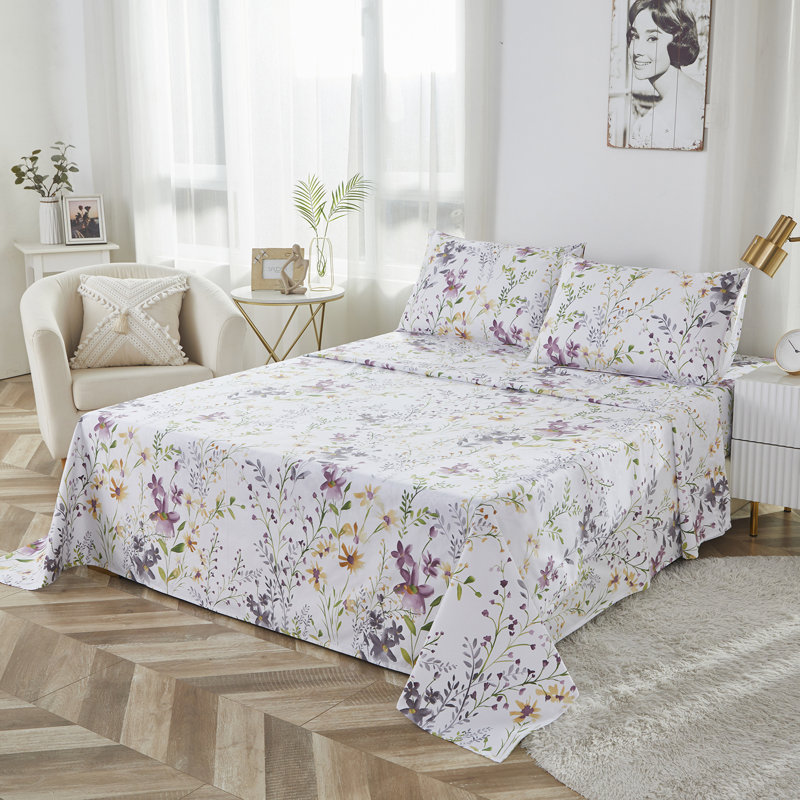 100% Egyptian Cotton Fitted Sheet Set, 4pcs Luxury Pink Botanical Shabby Chic Bedding Set, For Bedroom Guest Room Student Dorm All Seasons