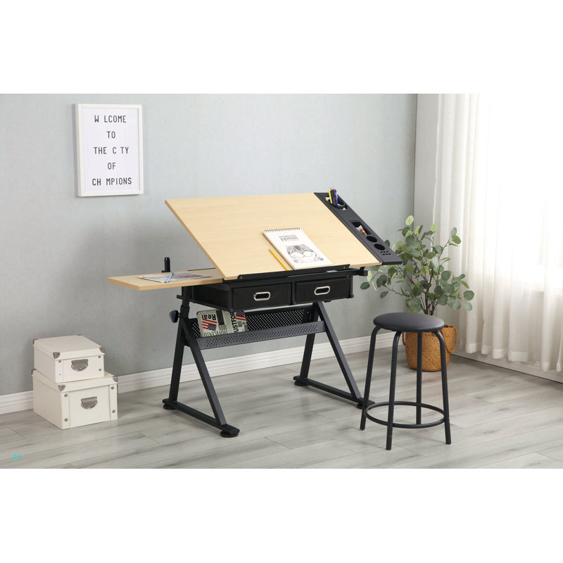 Bureau de dessin réglable avec 2 tiroirs pour bureau à domicile et école avec tabouret