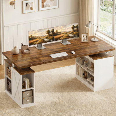 Beatriz 63" Farmhouse Electric Standing Desk with Storage Shelves, Height Adjustable Home Office Desk,Walnut White