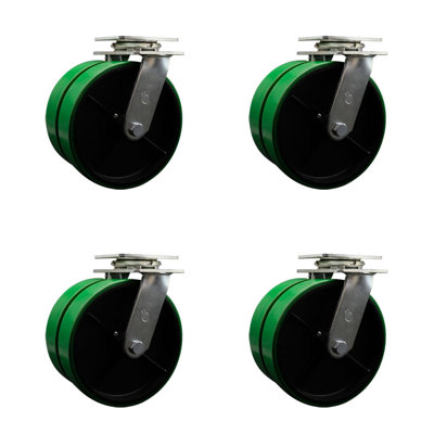 8 Inch Dual Green Poly on Cast Iron Wheels Swivel Caster Set with Roller Bearing