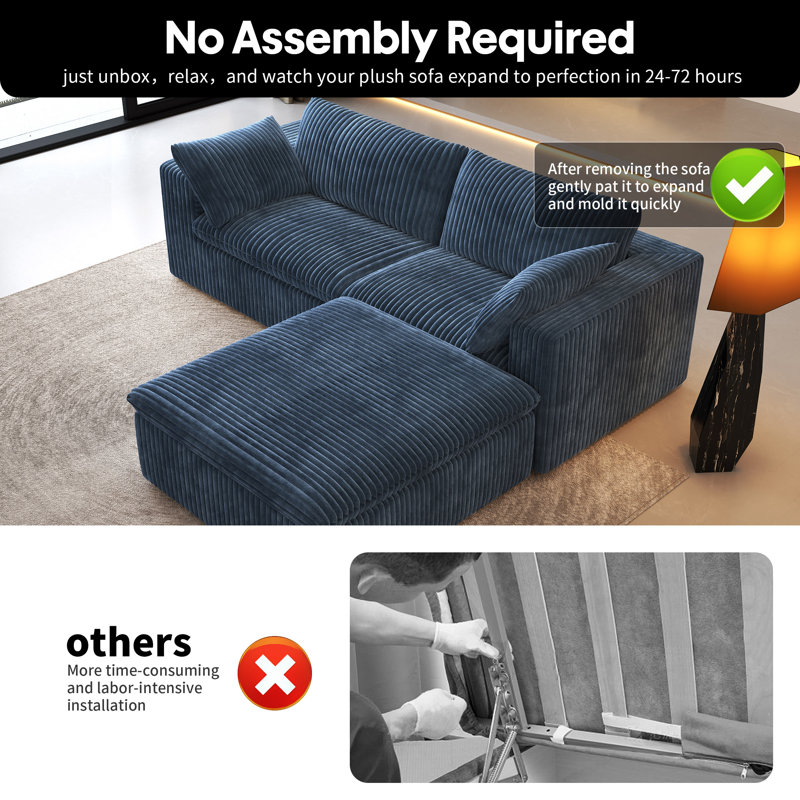 Boneless LoveSeat Cloud Modular Sectional Couch,78.7"W Corduroy Sofa with Ottoman,3-Piece No Assembly Required Boneless Couch