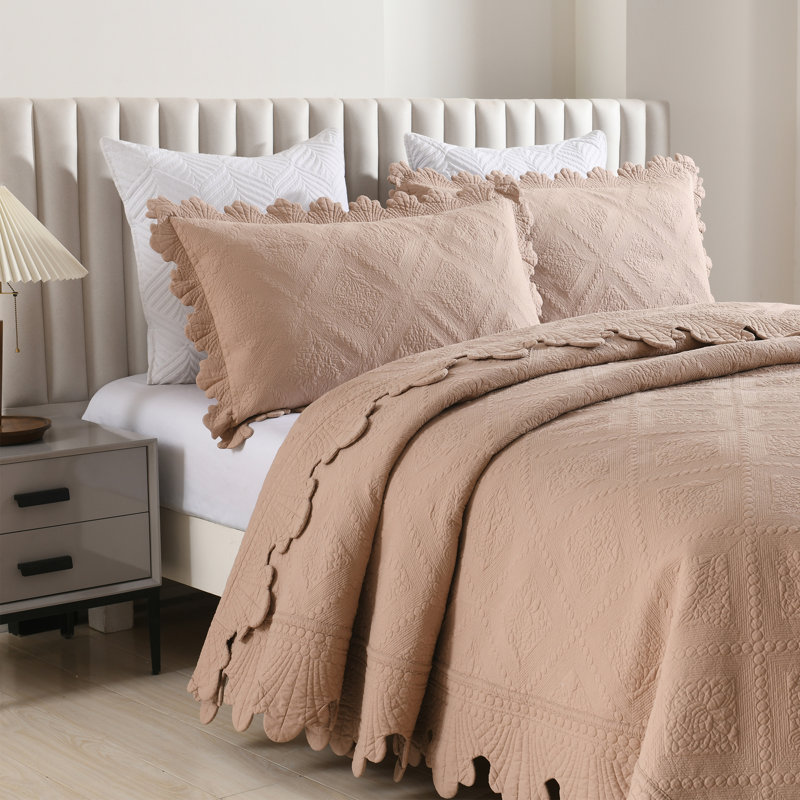 Ensemble 100% coton Tkemb broderie, Courtepointe très grand et 2 très grandes taies, Taupe pâle, chameau
