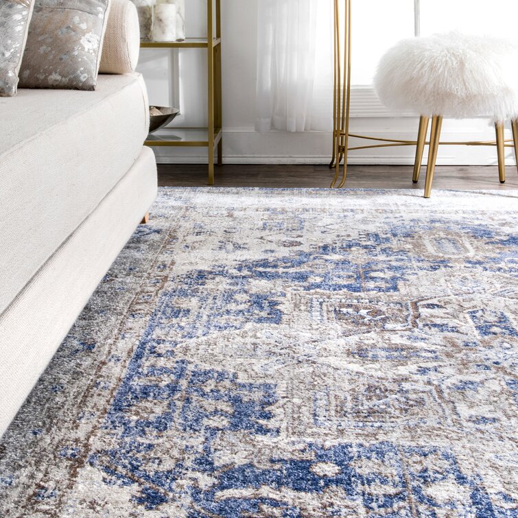 Best Selling Home Decor Langrick Boho Wool and Cotton Scatter Rug, White and Blue | 308775