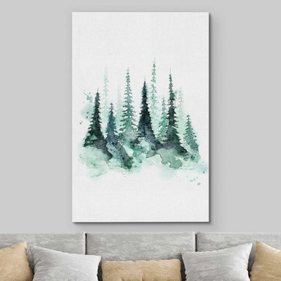 Forêt boisée, paysage, impression sur toile, aquarelle, pastel vert, forêt, pin, collage, nature sauvage, illustrations, art moderne, paysage rustique, coloré pour le salon, la chambre à coucher, le bureau