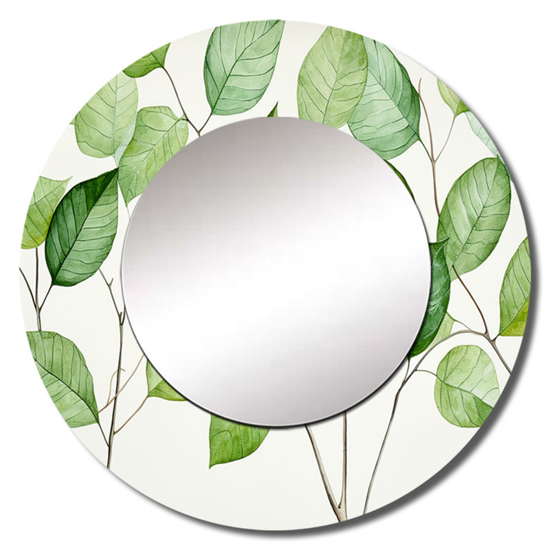 Seain Green Leaves Scenery Minimalism III - Leaves Unique Wall Mirror, Traditional Round Mirror, Printed Metal Art, 29" x 29"
