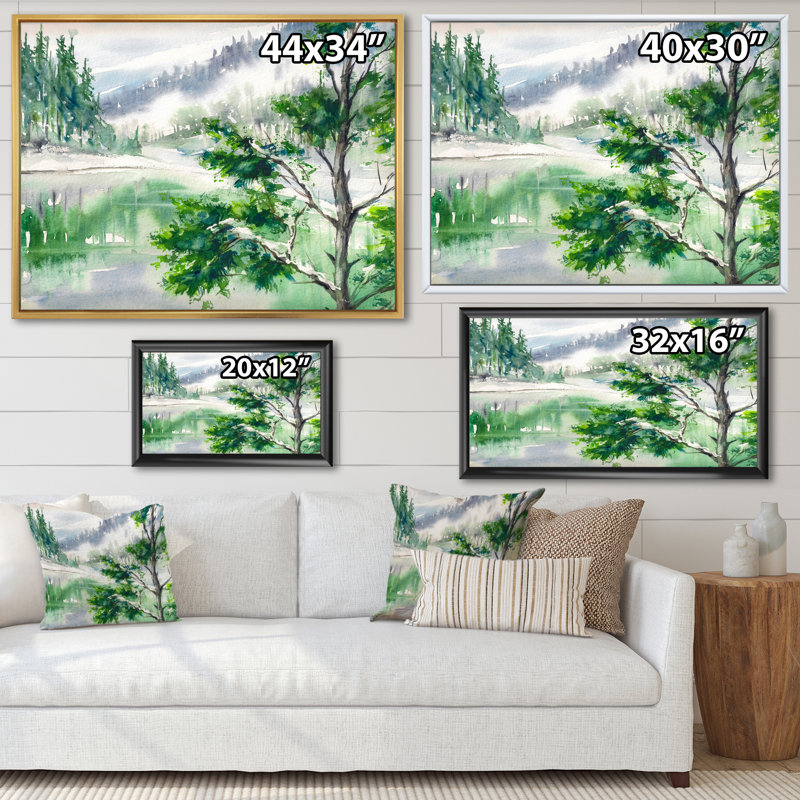 Lac - peinture sur toile, H 24 po x l 32 po, Cadre flottant noir
