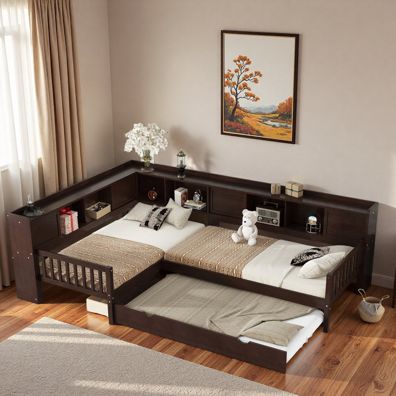 L-shaped Platform Bed With Trundle, Storage Drawers And Shelves, Espresso