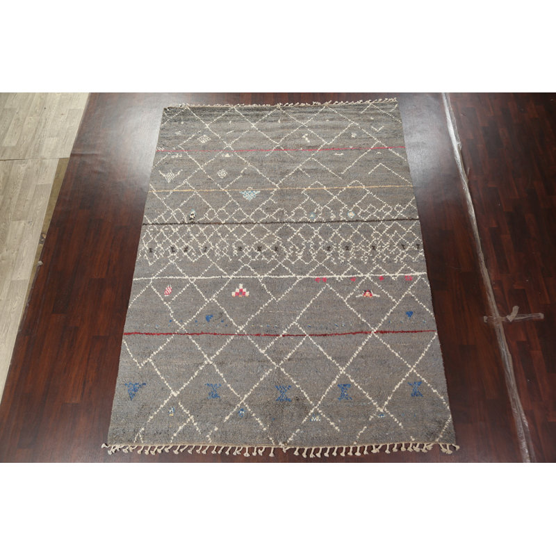 Tapis gris en laine noué à la main de conception unique 7 pi 10 po x 10 pi 6 po