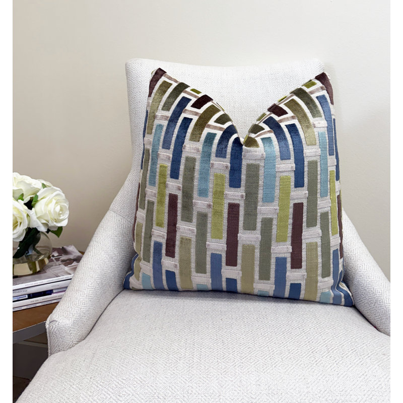 Housse de coussin géométrique en velours, Bleu, Carré 22 po