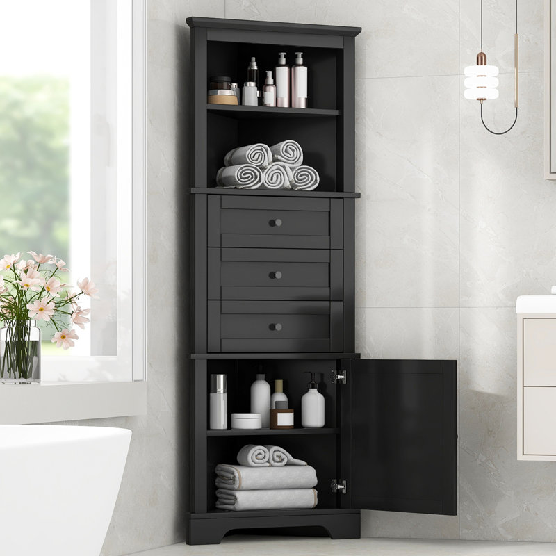 Black Triangle Tall Cabinet With 3 Drawers And Adjustable Shelves For Bathroom, Kitchen Or Living Room, MDF Board With Painted Finish