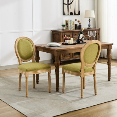 Oberlander Of 2 French Style Dining Chairs With Olive Linen Fabric And Solid Rubberwood Frame, Antique Finish, Foam Filler, 22.8 In Depth