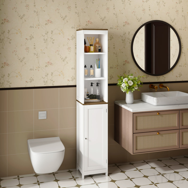 Tall Bathroom Storage Cabinet With Reversible Door, Freestanding Linen Tower With Open Shelves And Enclosed Cabinet, Narrow Floor Cabinet Organizer For Bathroom, Laundry Room Or Small Spaces – White