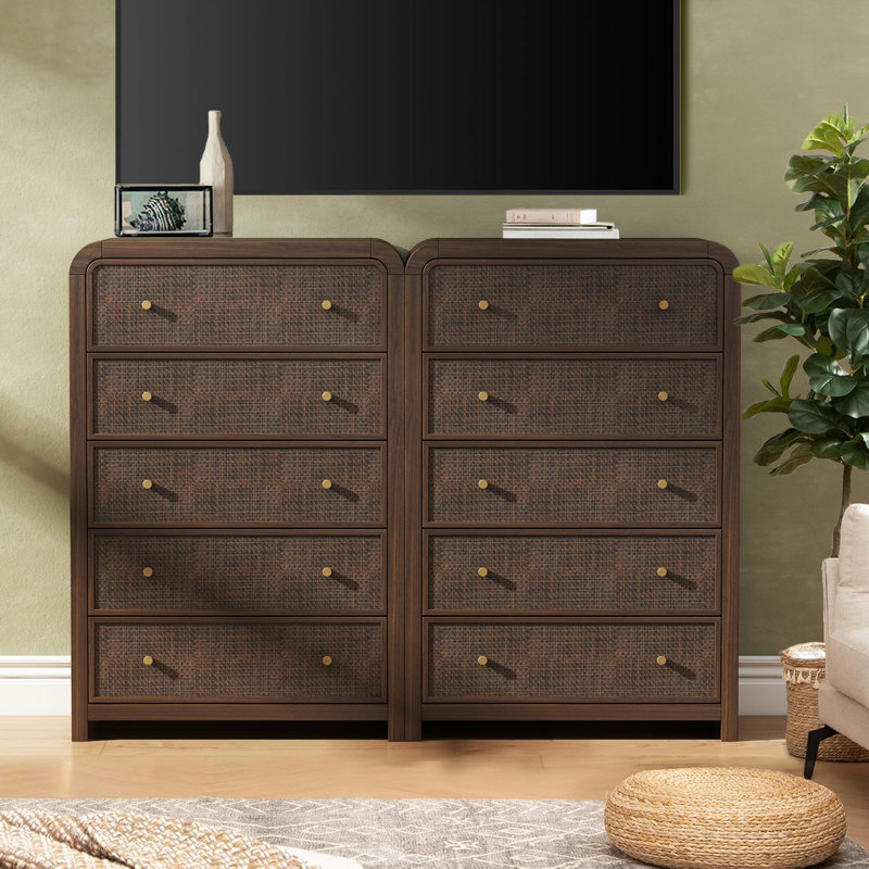 Cevat Rattan 5-Drawers Dresser，Thickened Curved Profile Design, Brown