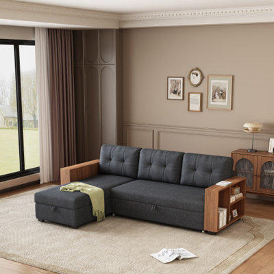 Upholstered Pull Out Sectional Sofa With Storage Chaise, Convertible Corner Couch, Dark Grey-Wooden Handrail