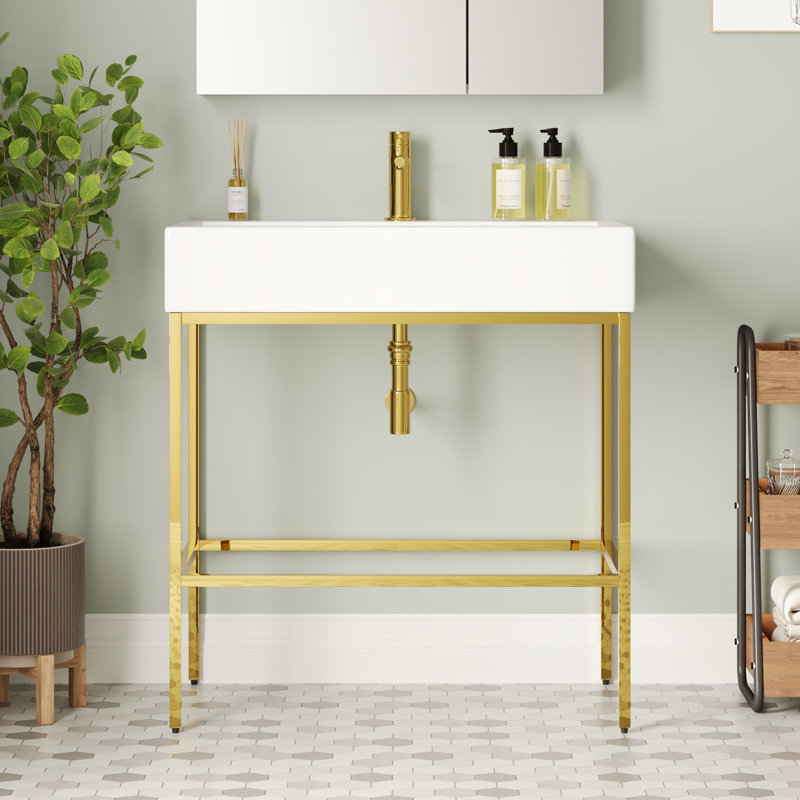 White Ceramic Console Sink with Gold Stainless Steel Frame