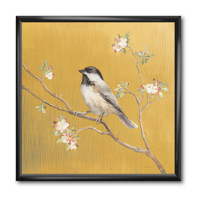 Gold Bird on Blossoms IV - reproduction d'art sur toile encadrée, H 30 po x l 30 po x P 1 po, Cadre noir