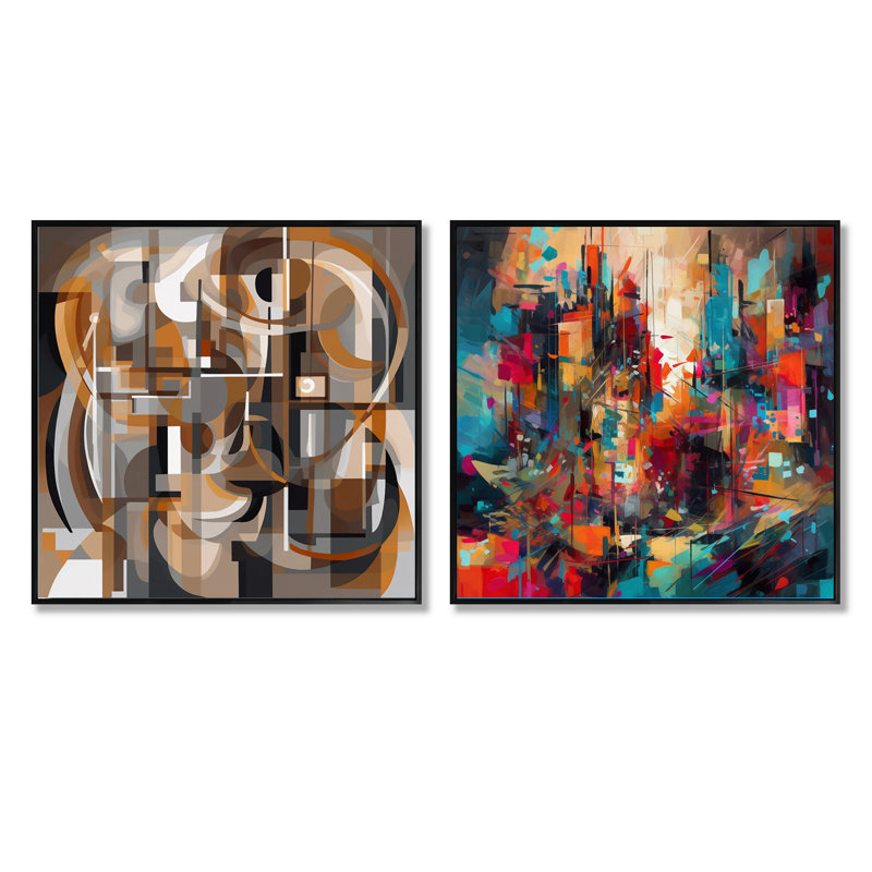 Exploration de la tranquillité abstraite - Ensemble de 2 collages carrés à formes abstraites, Cadre flottant noir