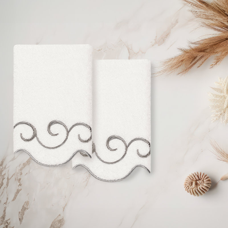  100% coton turc SIMPLICITY festonné 2PC embellies doigt ensemble de serviettes, Blanc / Gris