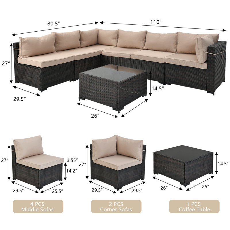 Forksville Wicker 6 - Person Modular Patio Conversation Set with Cushions, Beige Cushion/Brown Frame
