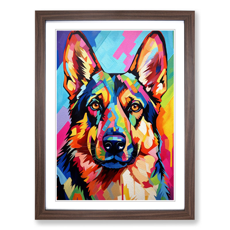 German Shepherd Futurism - Single Picture Frame Print on Wood, Walnut Framed, 46cm H x 34cm W
