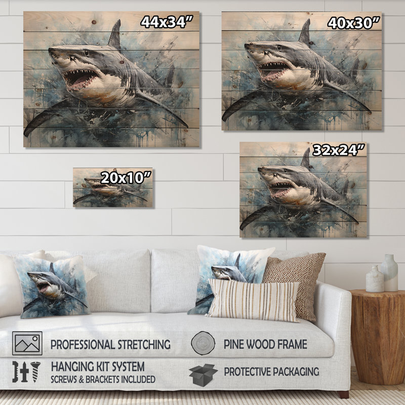 Minimalism Blue Shark Painting - Shark Wood Art On Natural Pine Wood, 10" H x 20" W