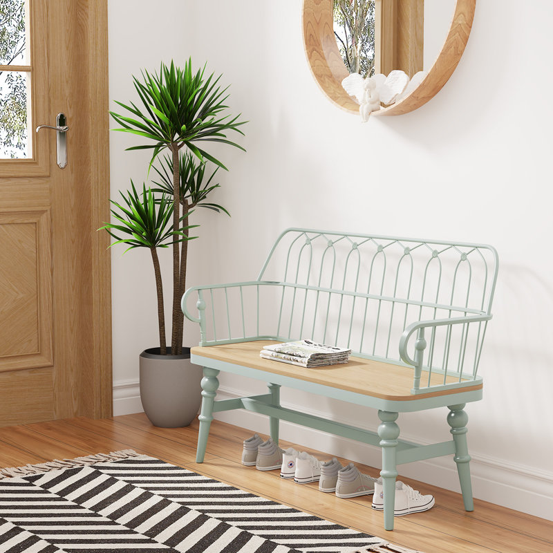 Modern Farmhouse Metal Spindle Back Bench, Entryway Accent Bench with Decorative Design, Green