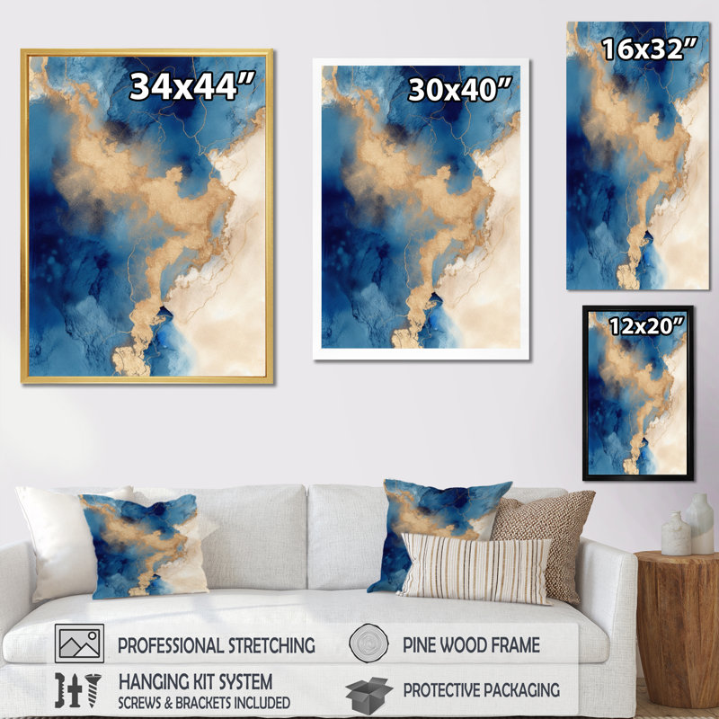 "Blue and Gold Marble Clouds VII", reproduction d'art sur toile, Cadre doré à une seule photo, H 44 po x l 34 po x P 1,5 po