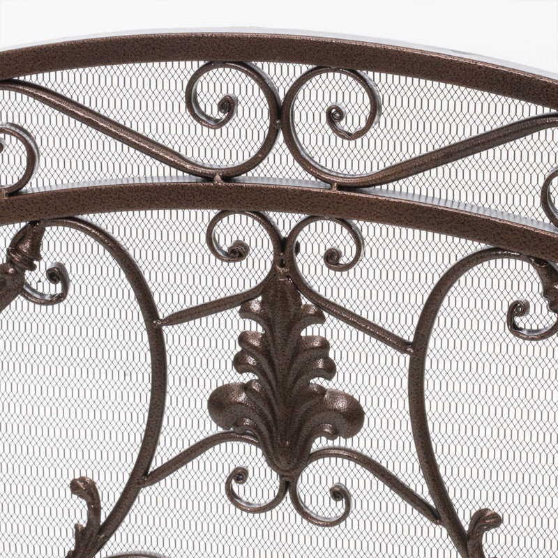 Pare-étincelles à finition métallique en fer à 3 panneaux avec silhouette subtile à dos de chameau, housse de foyer à volutes ornées et décorations florales