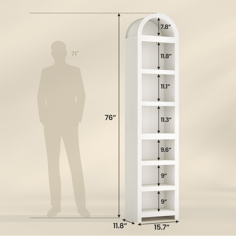 76" Tall Narrow Arched Bookcase, 7-Teir Mid-Century Modern Bookshelf For Living Room, Home Office, Antique White, White