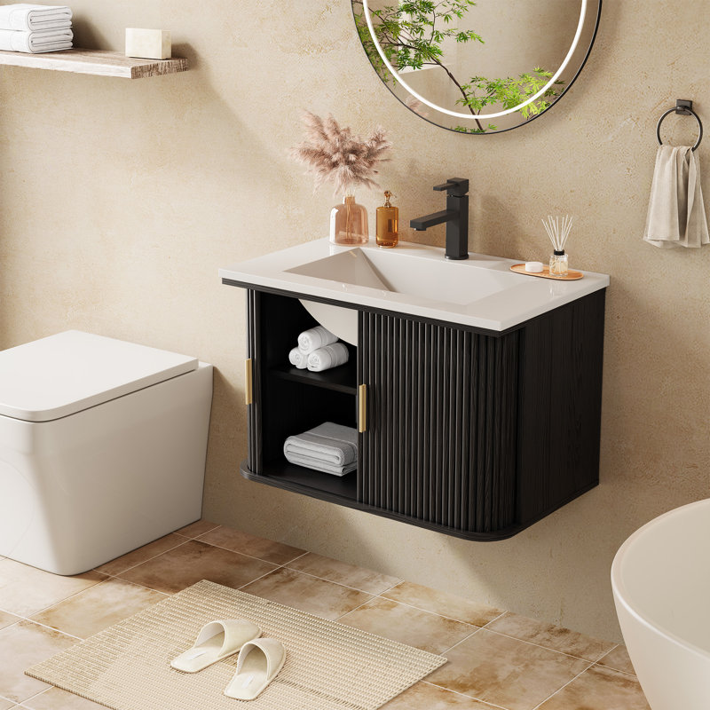 Meuble-lavabo mural 30 po avec comptoir d'évier, armoire à porte coulissante avec rangement, Black