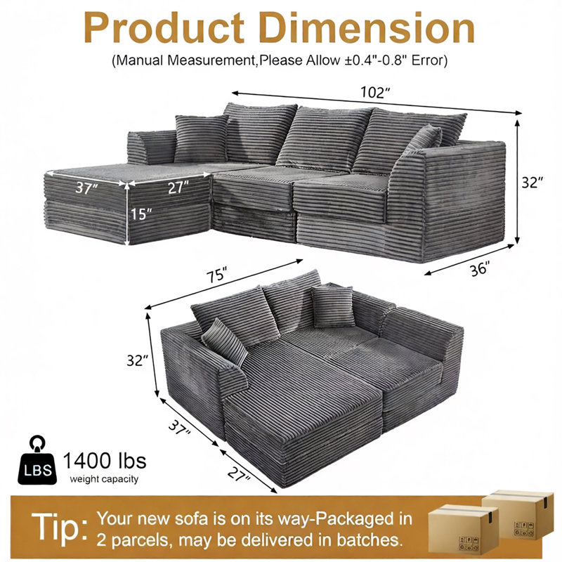 Canapé modulaire en forme de L 102 po, 3 places avec méridienne réversible, tissu velours côtelé 102 po, aucun assemblage requis pour le salon, la chambre à coucher et le bureau