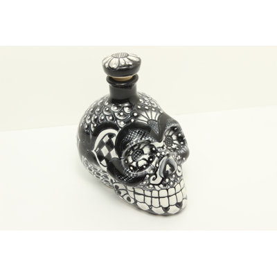 16Oz Black Talavera Ceramic Skull Liquor Bottle